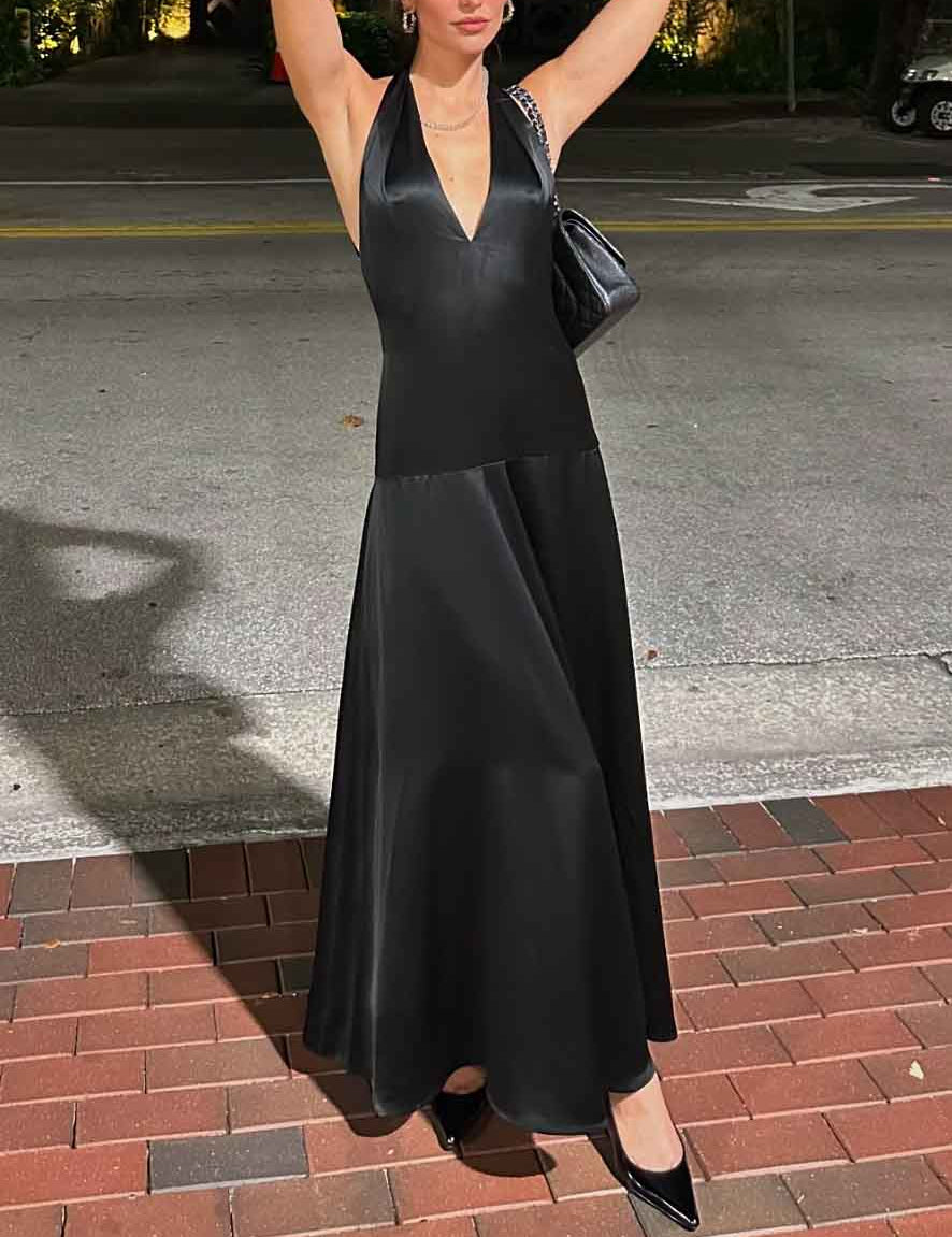 Elegant Deep V Neck Halter Maxi Dress Dresses