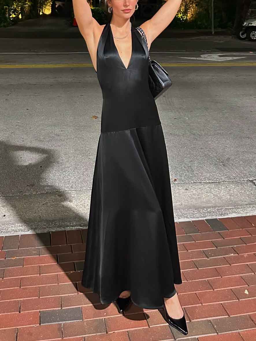 Elegant Deep V Neck Halter Maxi Dress Dresses