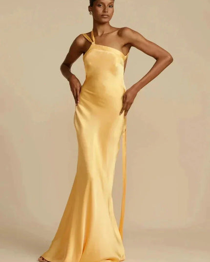 Elegant One-Shoulder Satin Evening Dress Lemon Yellow Dresses