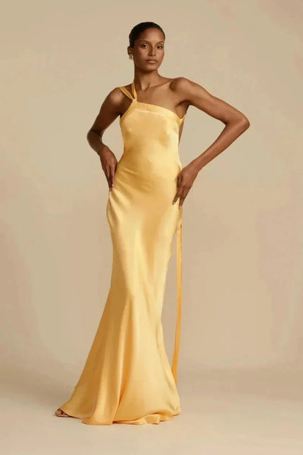 Elegant One-Shoulder Satin Evening Dress Lemon Yellow Dresses