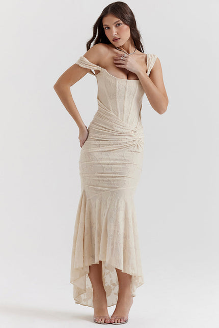 Aimie | Elegant Waist Dress Beige Dresses
