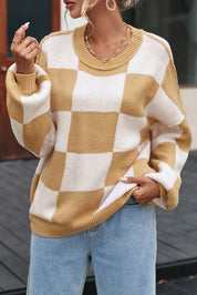 Women's Checkerboard Knit Sweater Khaki Sweaters
