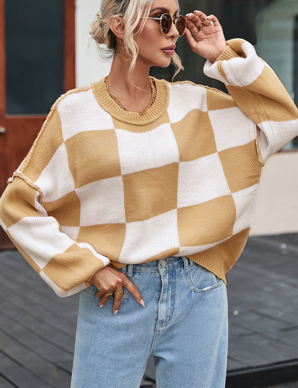 Women's Checkerboard Knit Sweater Sweaters