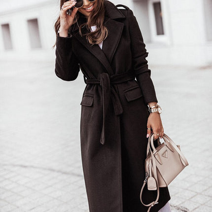 Elegant V-Neck Long Coat Black Coats & Jackets