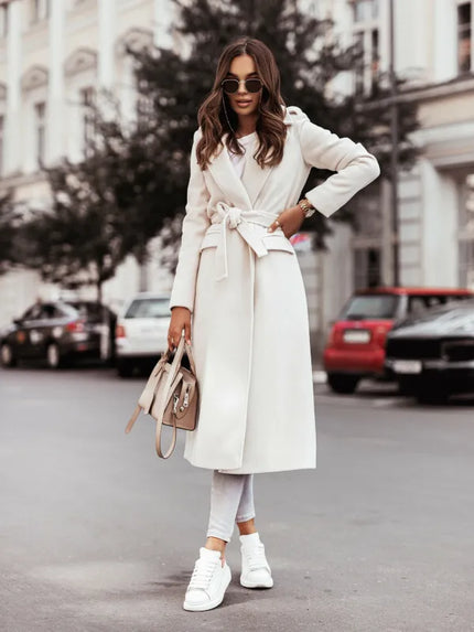 Elegant V-Neck Long Coat White Coats & Jackets