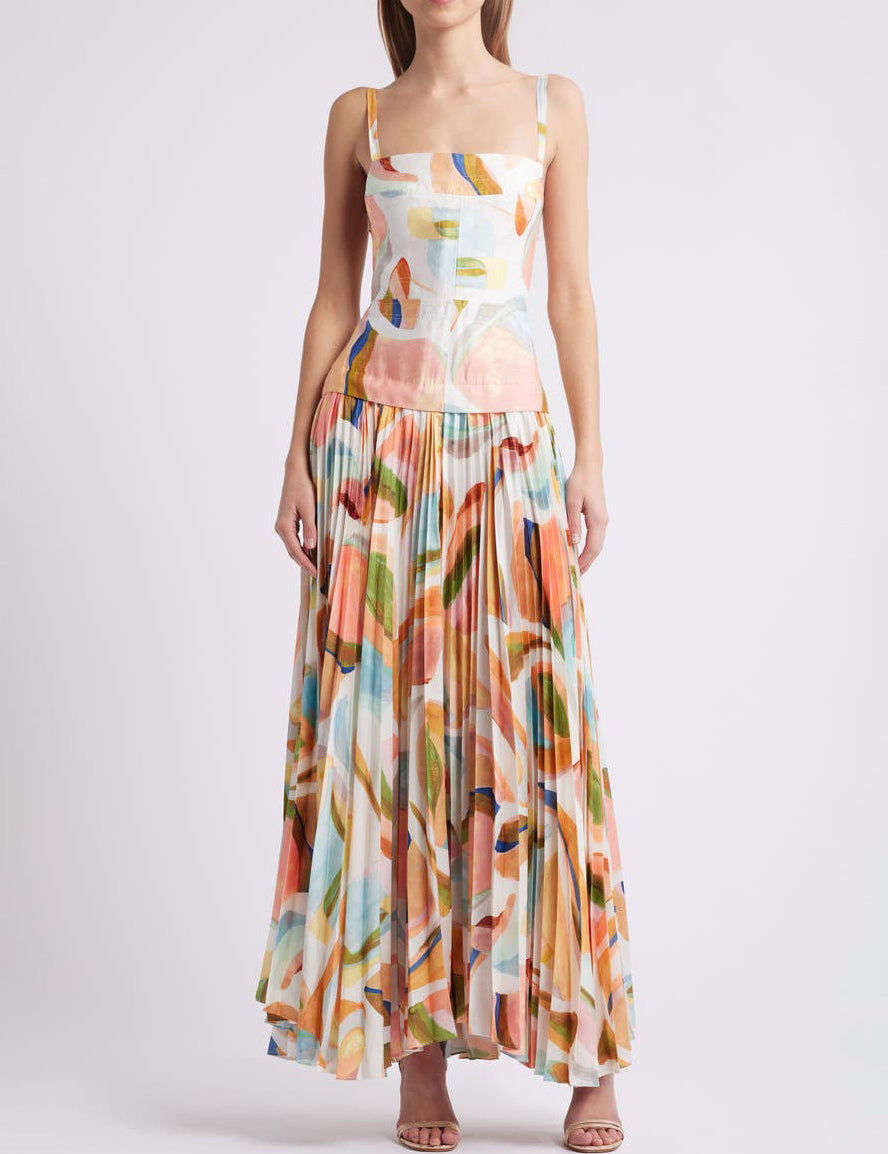 Abstract Print Open Back Pleated Maxi Dress Multi Dresses