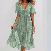 Women's Chiffon Printed V-Neck Dress Green flower Dress