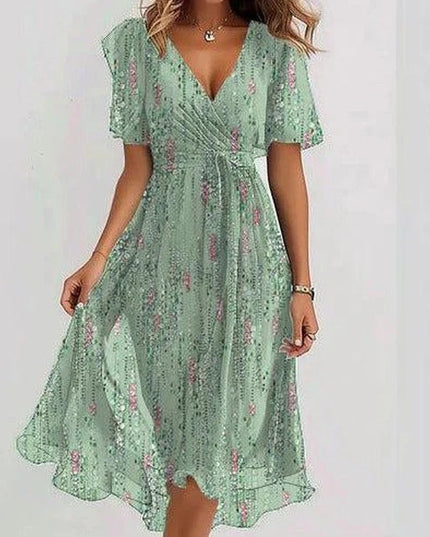 Women's Chiffon Printed V-Neck Dress Green flower Dress