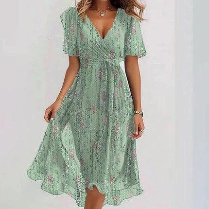Women's Chiffon Printed V-Neck Dress Green flower Dress