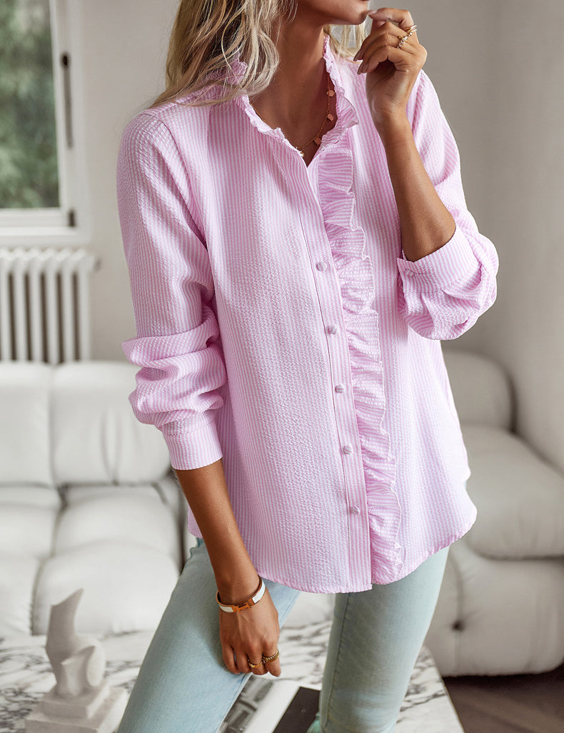 Striped Long Sleeve Ruffle Blouse Women's Tops