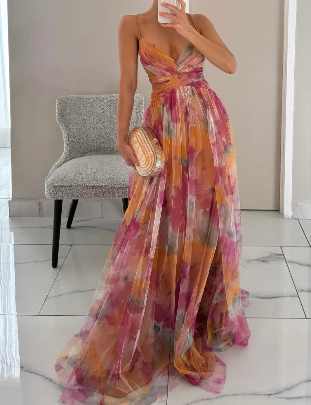 Elegant Painted Floral Print V-Neck A-Line Maxi Dress Multicolor Dresses