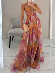 Elegant Painted Floral Print V-Neck A-Line Maxi Dress Multicolor Dresses