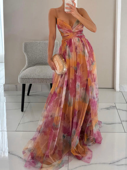 Elegant Painted Floral Print V-Neck A-Line Maxi Dress Multicolor Dresses