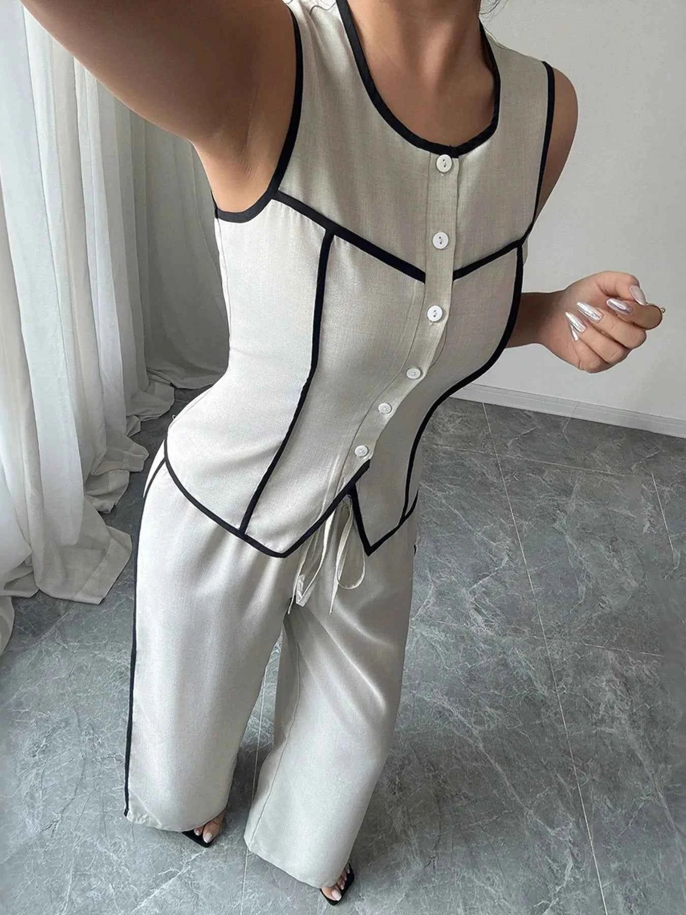 Contrast Piping Round Neck Top and Wide-Leg Pants Set
