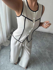 Contrast Piping Round Neck Top and Wide-Leg Pants Set