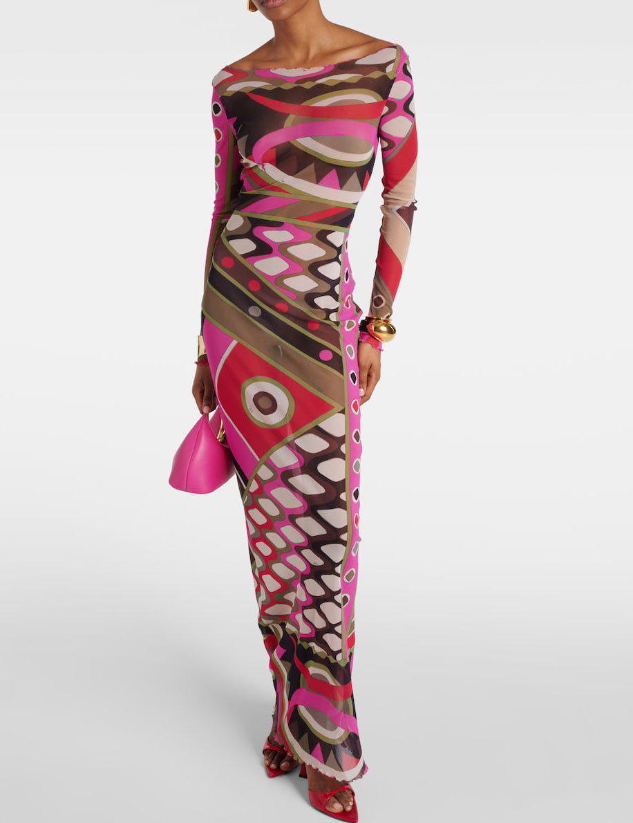 Retro Personality Abstract Print Hip-Wrapped Maxi Dress Dresses