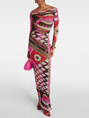 Retro Personality Abstract Print Hip-Wrapped Maxi Dress Dresses