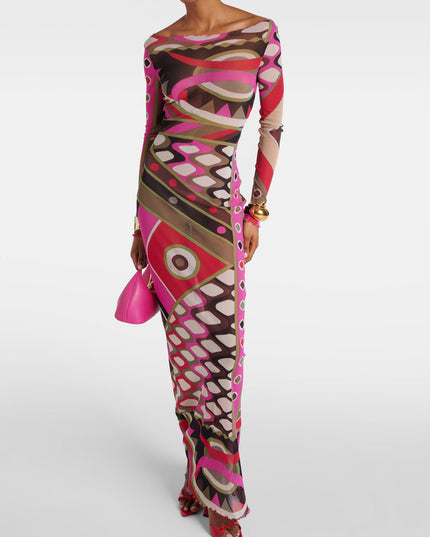 Retro Personality Abstract Print Hip-Wrapped Maxi Dress Dresses