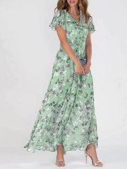 Floral Ruffle Short Sleeve Summer Dress Green Dresses