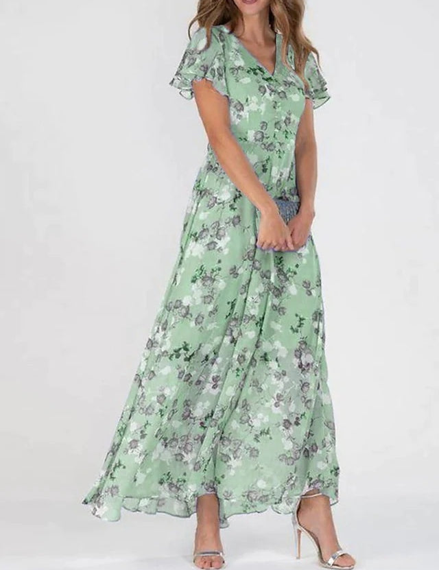 Floral Ruffle Short Sleeve Summer Dress Green Dresses