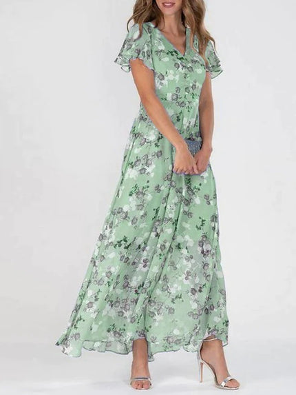 Floral Ruffle Short Sleeve Summer Dress Green Dresses