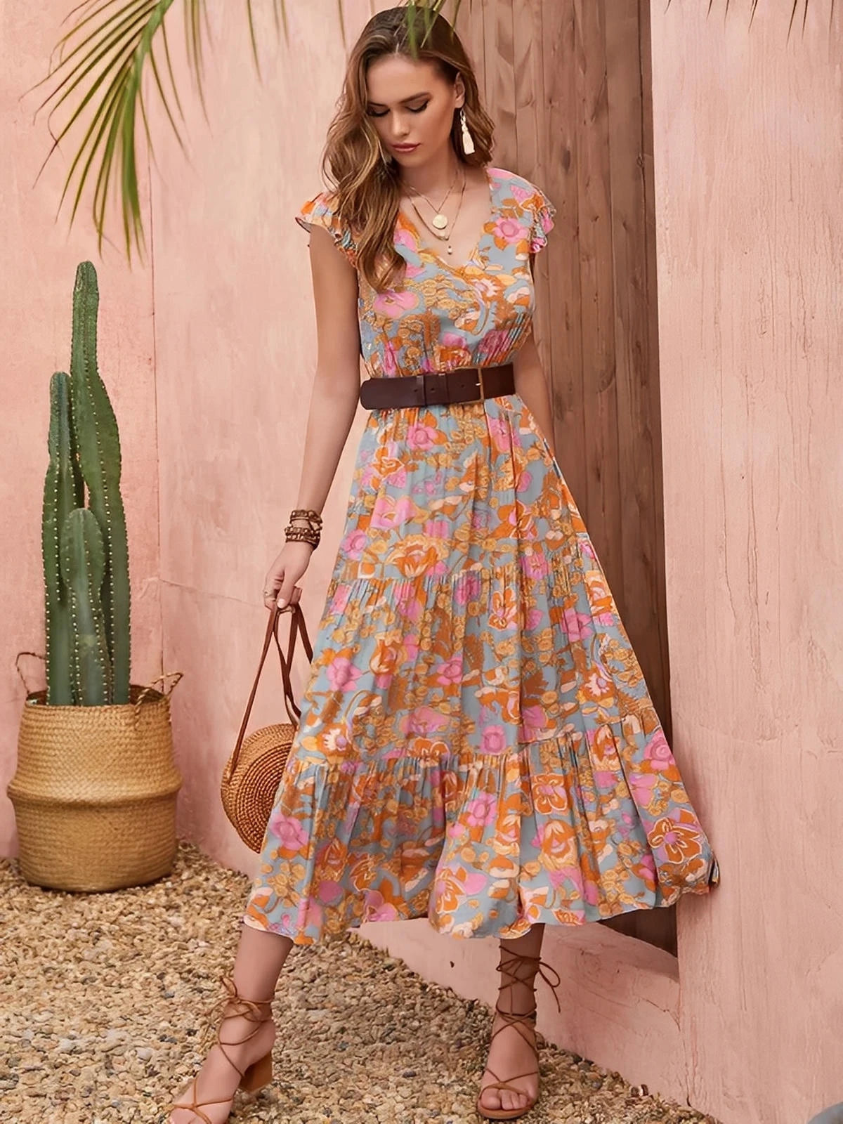 Ruffled Printed V-Neck Cap Sleeve Tiered Dress
