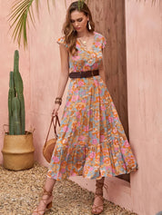 Ruffled Printed V-Neck Cap Sleeve Tiered Dress