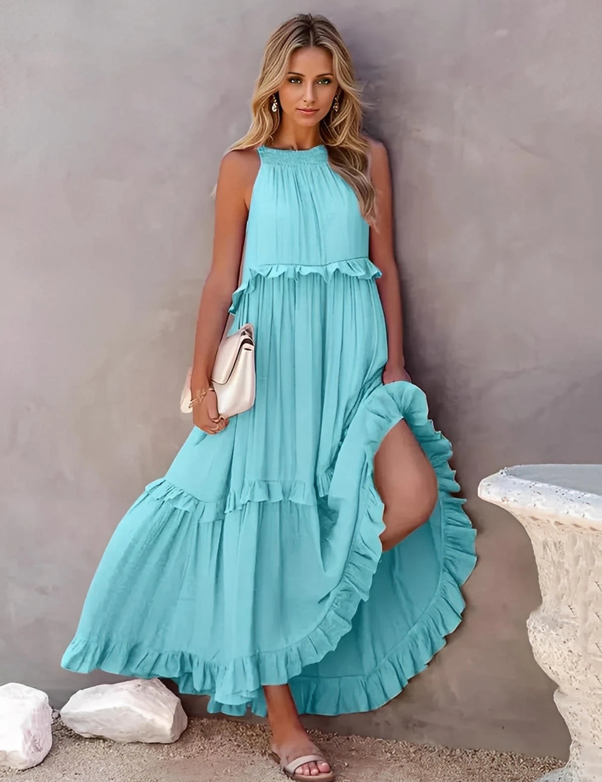 Ruffled Sleeveless Tiered Maxi Dress with Pockets