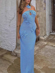 3D Flower Decor Halter Neck Bodycon Crochet Maxi Dresses Dresses