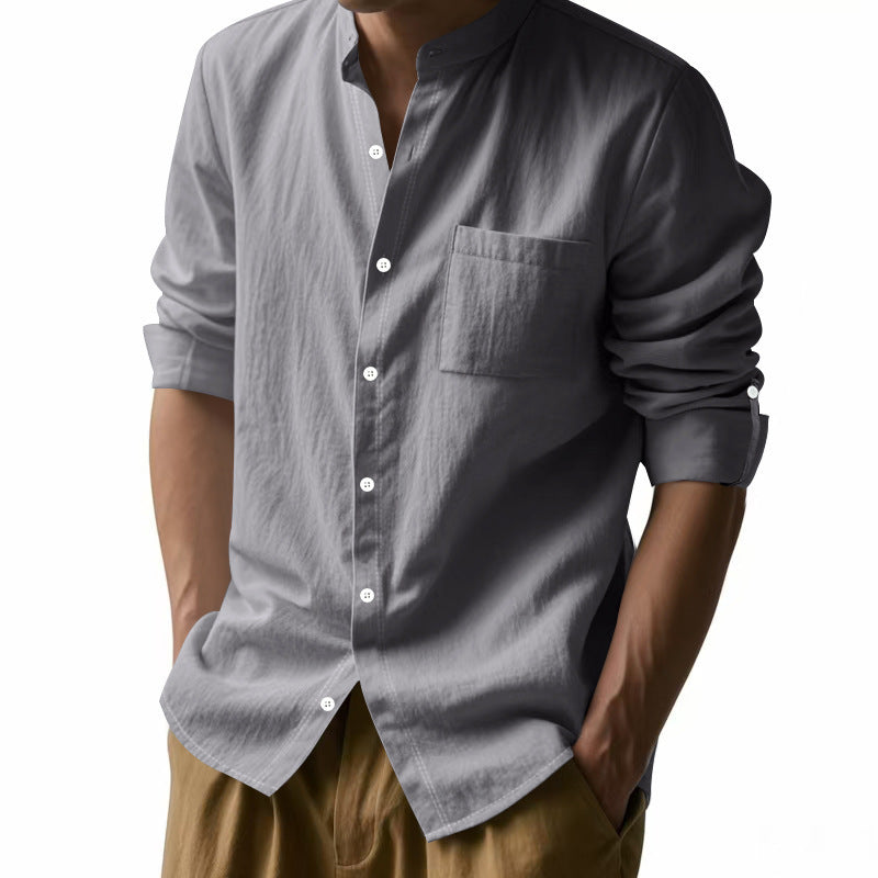 Men’s Stand‑Collar Long‑Sleeve Shirt with Pockets Shirts