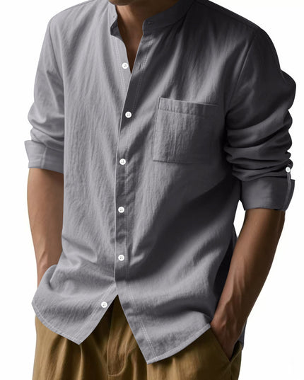 Men’s Stand‑Collar Long‑Sleeve Shirt with Pockets Shirts
