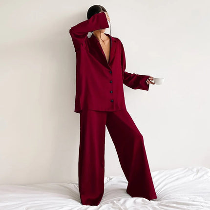 Ultra-Luxe Women’s Silk Wide-Leg Pajama Set Bourgondy Outfit Sets