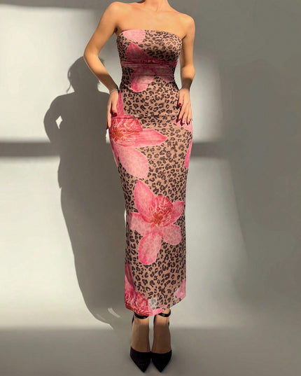 Women's Slim-Fit Floral Print Dress Pink Leopard Print Dress