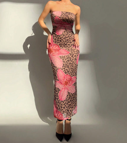 Women's Slim-Fit Floral Print Dress Pink Leopard Print Dress