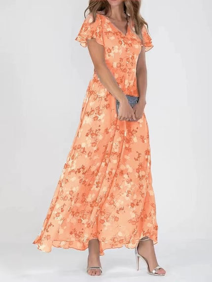 Floral Ruffle Short Sleeve Summer Dress Orange Dresses