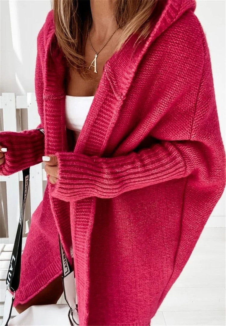 Oversized Bat-Sleeve Hooded Cardigan – Chic Comfort Red Women Jacket