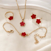 Floral Clover Lucky Necklace, Bracelet, Earrings, and Rings Set Red Jewelry Sets