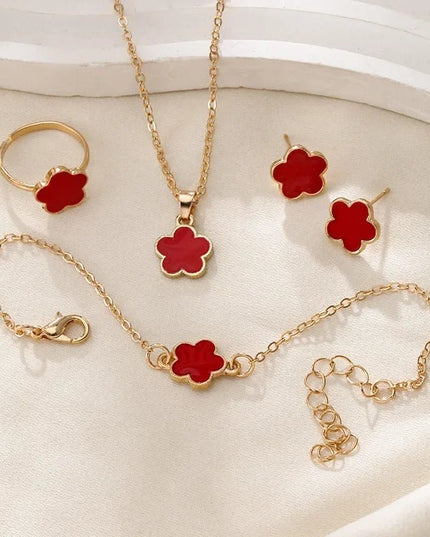 Floral Clover Lucky Necklace, Bracelet, Earrings, and Rings Set Red Jewelry Sets