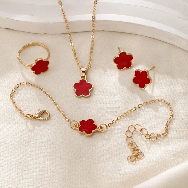 Floral Clover Lucky Necklace, Bracelet, Earrings, and Rings Set Red Jewelry Sets