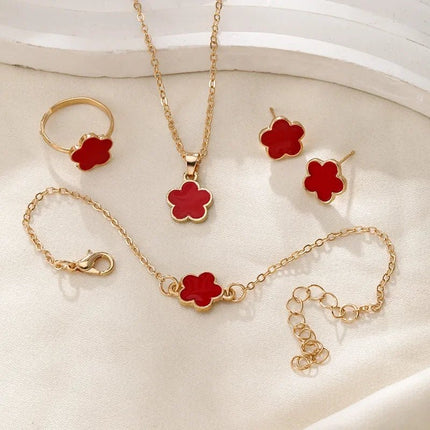 Floral Clover Lucky Necklace, Bracelet, Earrings, and Rings Set Red Jewelry Sets