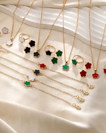 Floral Clover Lucky Necklace, Bracelet, Earrings, and Rings Set Jewelry Sets
