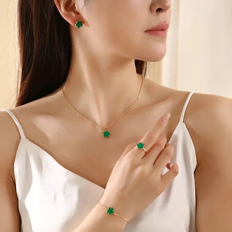 Floral Clover Lucky Necklace, Bracelet, Earrings, and Rings Set Jewelry Sets