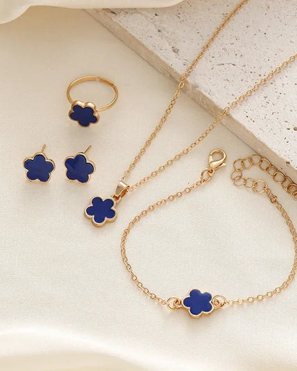 Floral Clover Lucky Necklace, Bracelet, Earrings, and Rings Set Blue Jewelry Sets