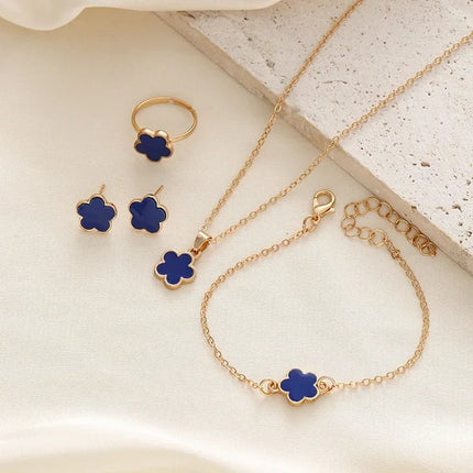 Floral Clover Lucky Necklace, Bracelet, Earrings, and Rings Set Blue Jewelry Sets