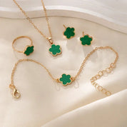 Floral Clover Lucky Necklace, Bracelet, Earrings, and Rings Set Green Jewelry Sets