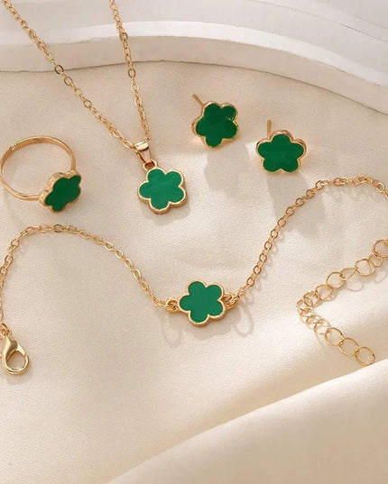 Floral Clover Lucky Necklace, Bracelet, Earrings, and Rings Set Green Jewelry Sets