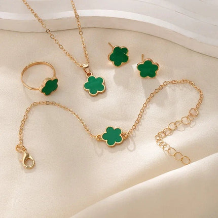 Floral Clover Lucky Necklace, Bracelet, Earrings, and Rings Set Green Jewelry Sets