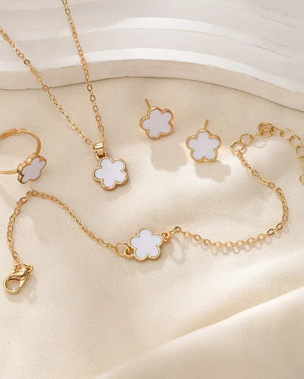 Floral Clover Lucky Necklace, Bracelet, Earrings, and Rings Set White Jewelry Sets