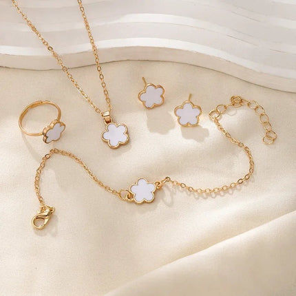 Floral Clover Lucky Necklace, Bracelet, Earrings, and Rings Set White Jewelry Sets