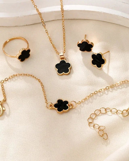 Floral Clover Lucky Necklace, Bracelet, Earrings, and Rings Set Black Jewelry Sets